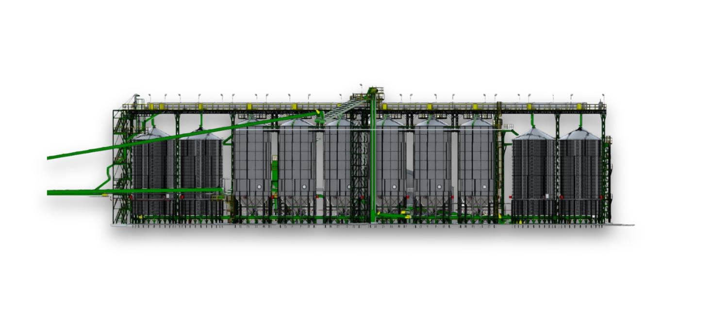 Vista frontal del modelo BIM de la batería de silos de Bayer