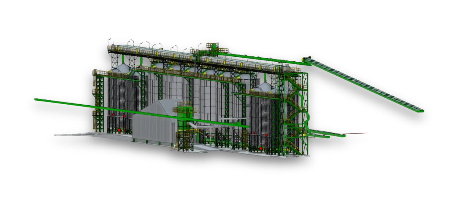 Gemelo Digital de Bayer en perspectiva, con silos, pasarelas y cintas transportadoras