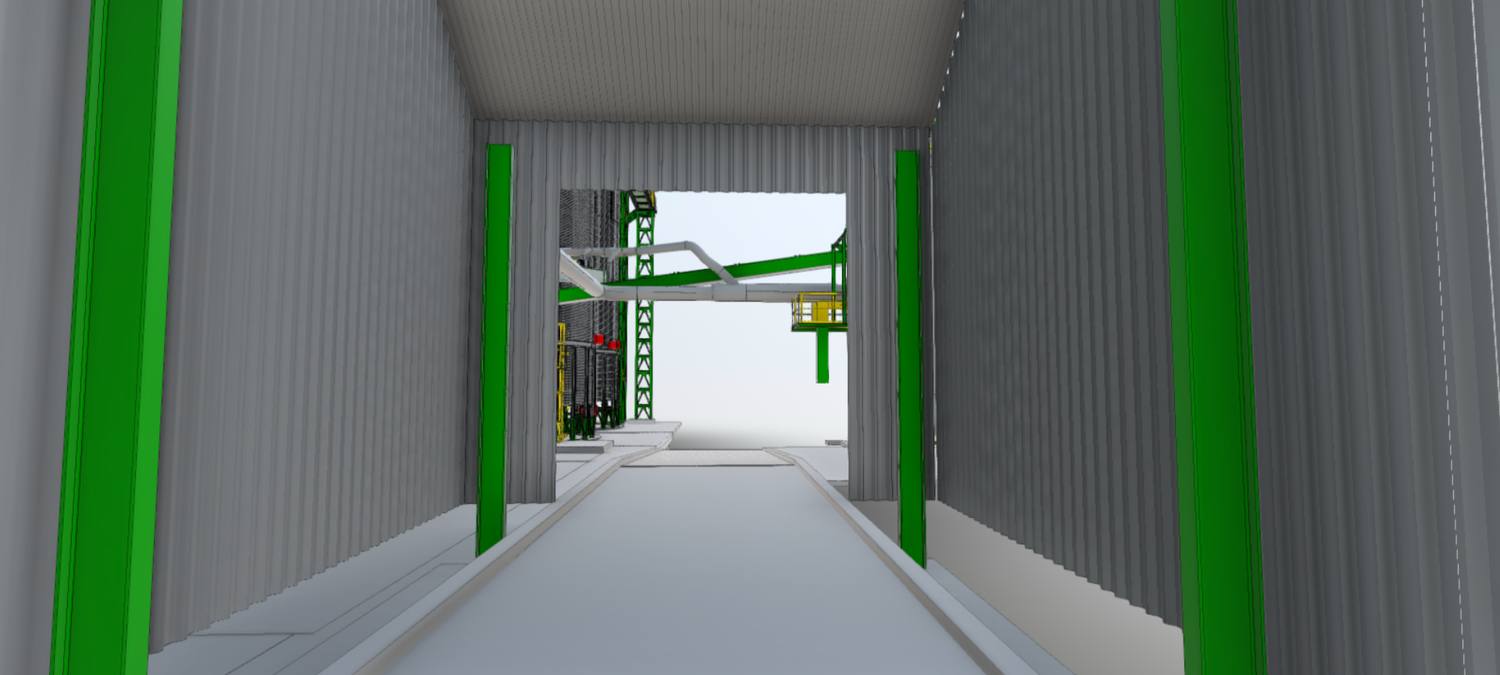 Recorrido interior del modelo BIM: pasillo cubierto de la planta de Bayer