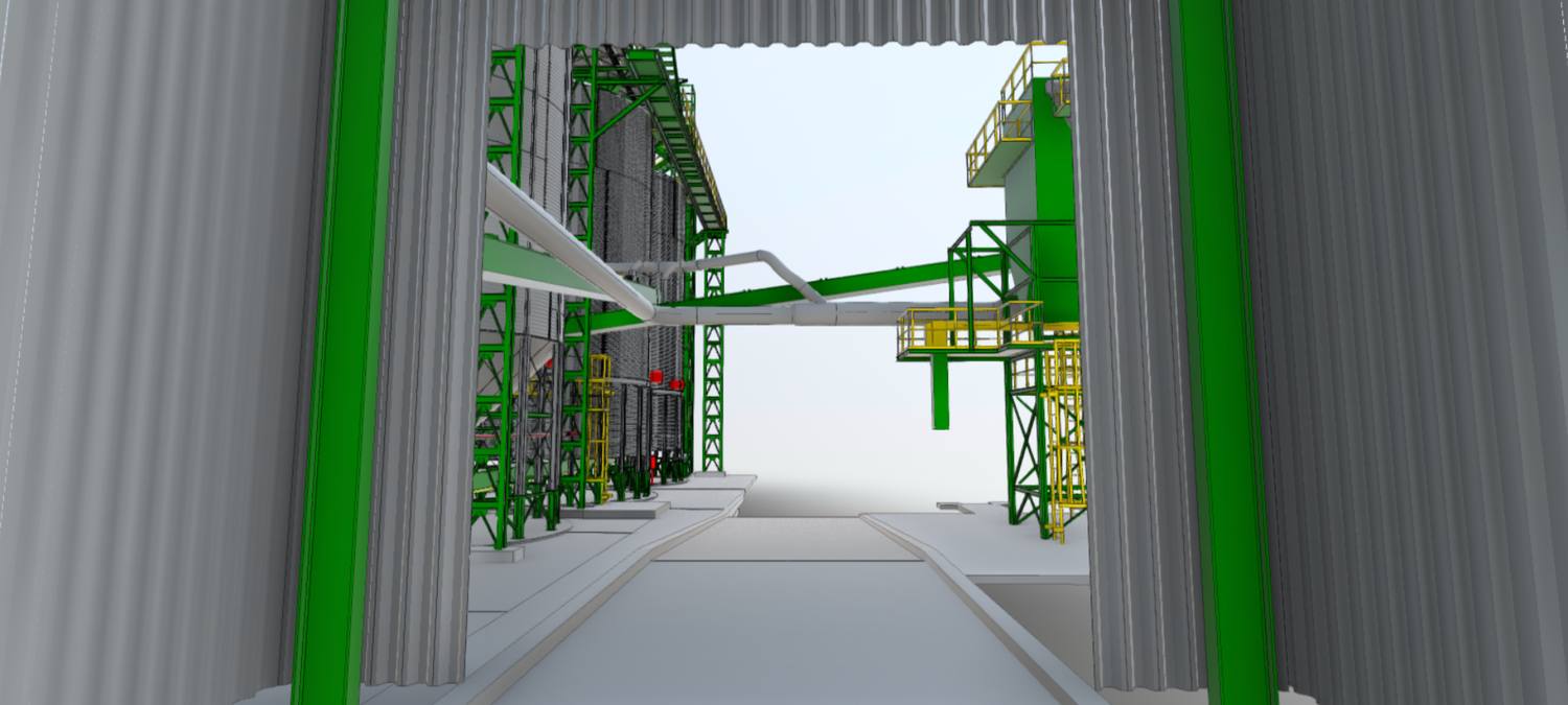 Salida del pasillo cubierto hacia los silos en el Gemelo Digital de Bayer