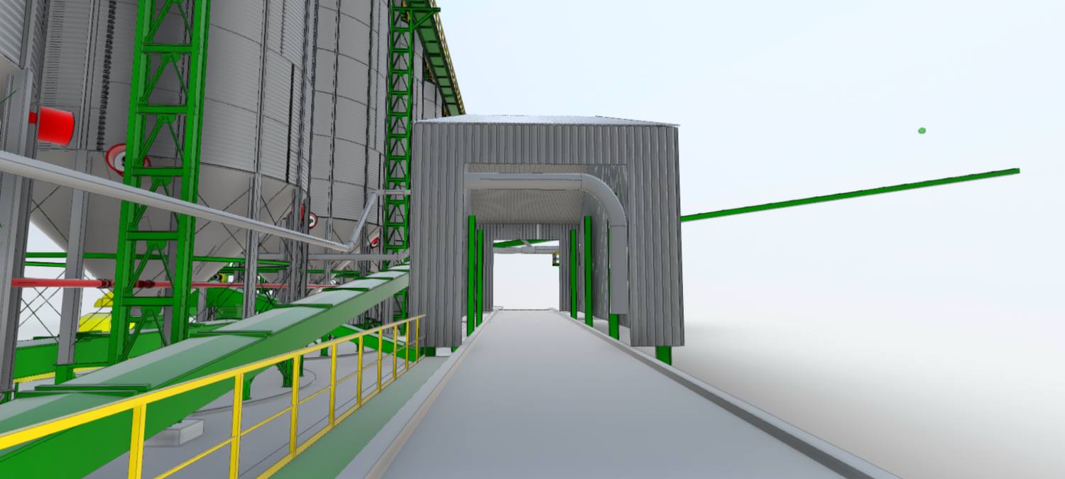 Silos, cintas y pasarela a nivel de piso en el Gemelo Digital de Bayer