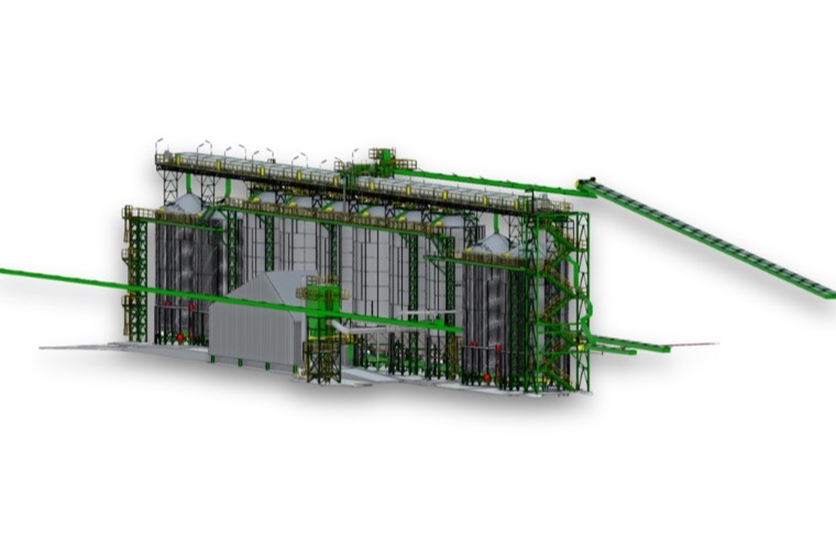 Modelo 3D de silos y cintas transportadoras para un gemelo digital