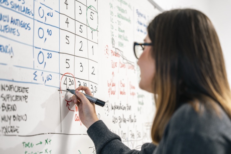 Profesional de DEPRO evaluando contratos y alcance en un pizarrón